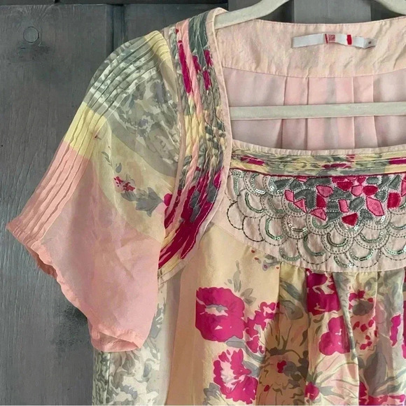 100% Mulberry Silk Blouse- floral sequins feminine‎ - Picture 2 of 8